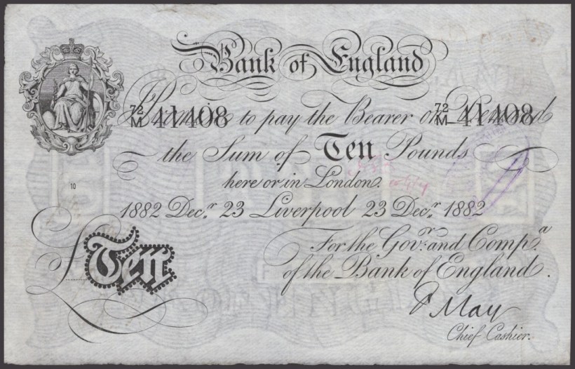 A rare £10 note from Liverpool, issued on December 23, 1882 qhiddtiqktiqtdprw